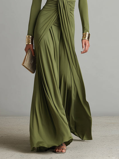 Elegant Green Dress for Women with Deep V Neck Twist Knot Waist Long Sleeve Ruched Formal Wedding Guest Style