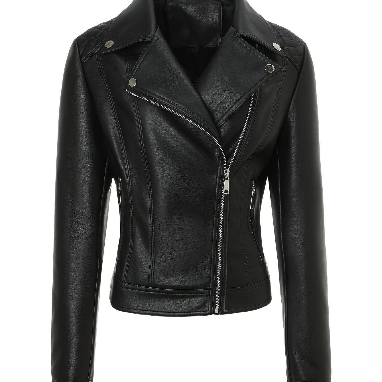 Elegant Leather Moto Jacket for Women with Notch Lapel Asymmetric Zip Front Fitted Style