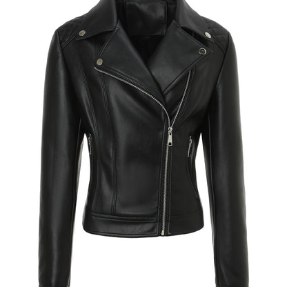 Elegant Leather Moto Jacket for Women with Notch Lapel Asymmetric Zip Front Fitted Style