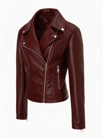 Elegant Leather Moto Jacket for Women with Notch Lapel Asymmetric Zip Front Fitted Style