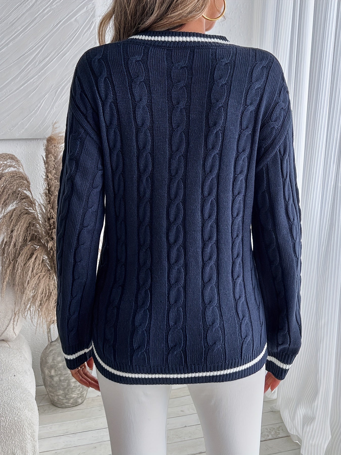 Comfortable Cable Knit Sweater for Women with V Neck Long Sleeve Striped Trim Relaxed Oversized Style
