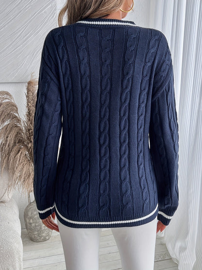 Comfortable Cable Knit Sweater for Women with V Neck Long Sleeve Striped Trim Relaxed Oversized Style