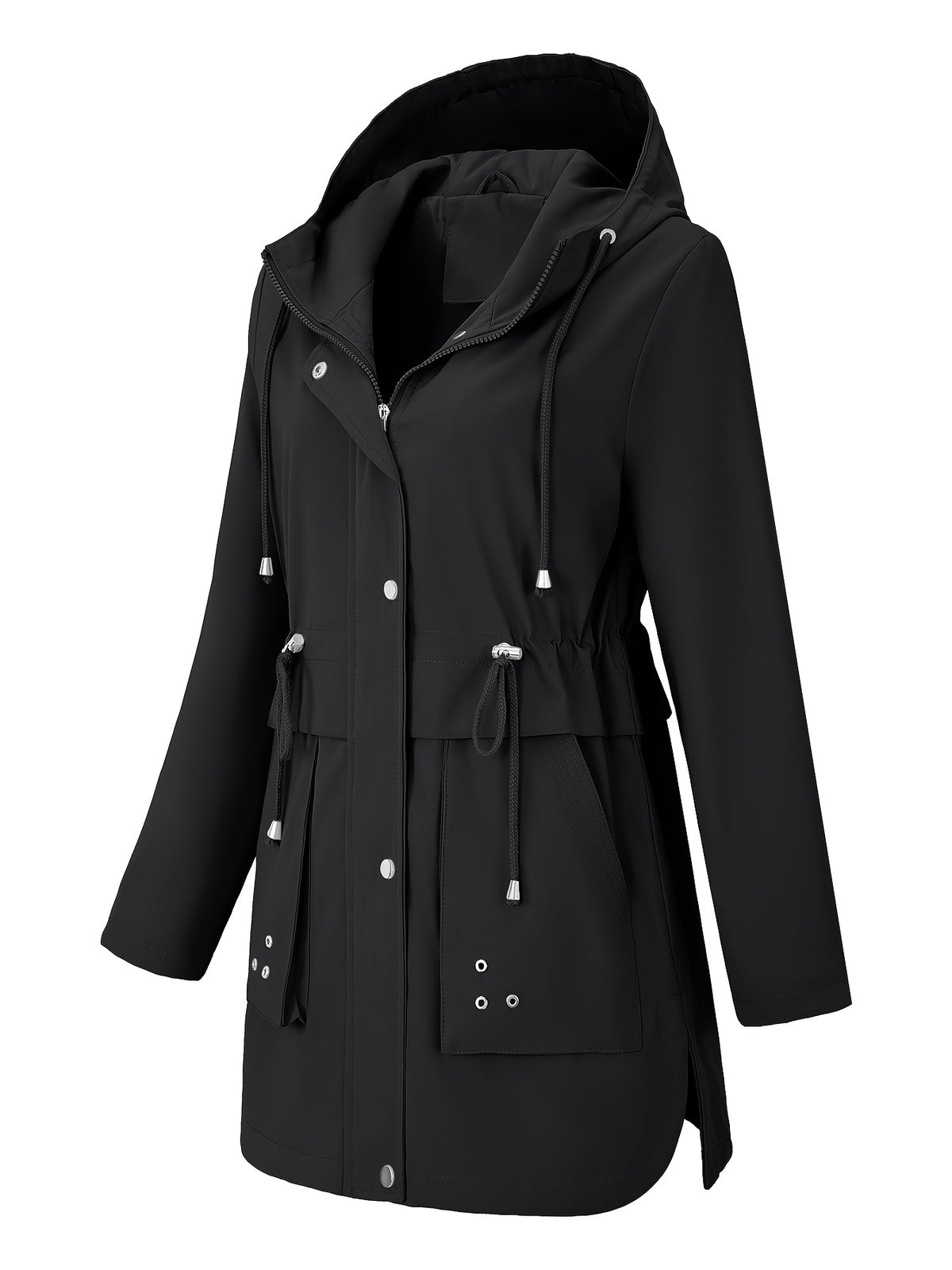 Sleek Hooded Rainwear Jacket for Women with Drawstring Waist Zip Front Windbreaker Outdoor Style