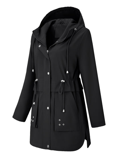 Sleek Hooded Rainwear Jacket for Women with Drawstring Waist Zip Front Windbreaker Outdoor Style