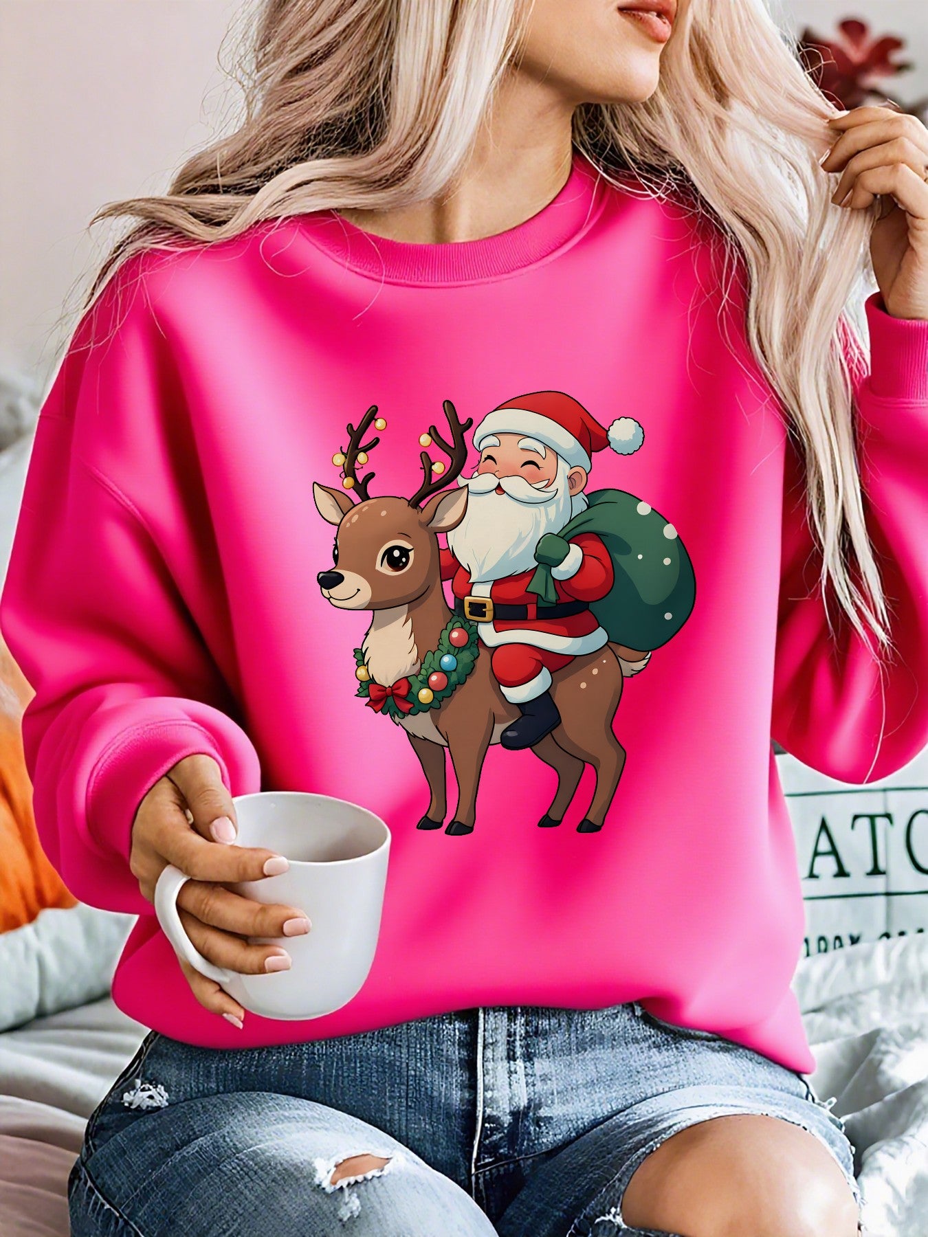 Cozy Graphic Christmas Tacky Sweater for Women with Crew Neck Long Sleeve Santa Reindeer Print Pullover Style
