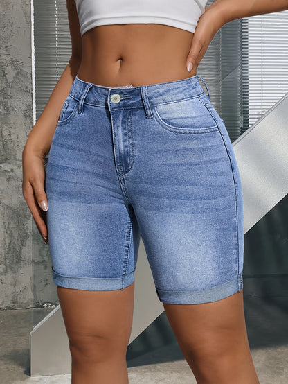 Stylish Blue Denim Shorts for Women with High Waist Stretch Bermuda Button Detail Slim Fit Style