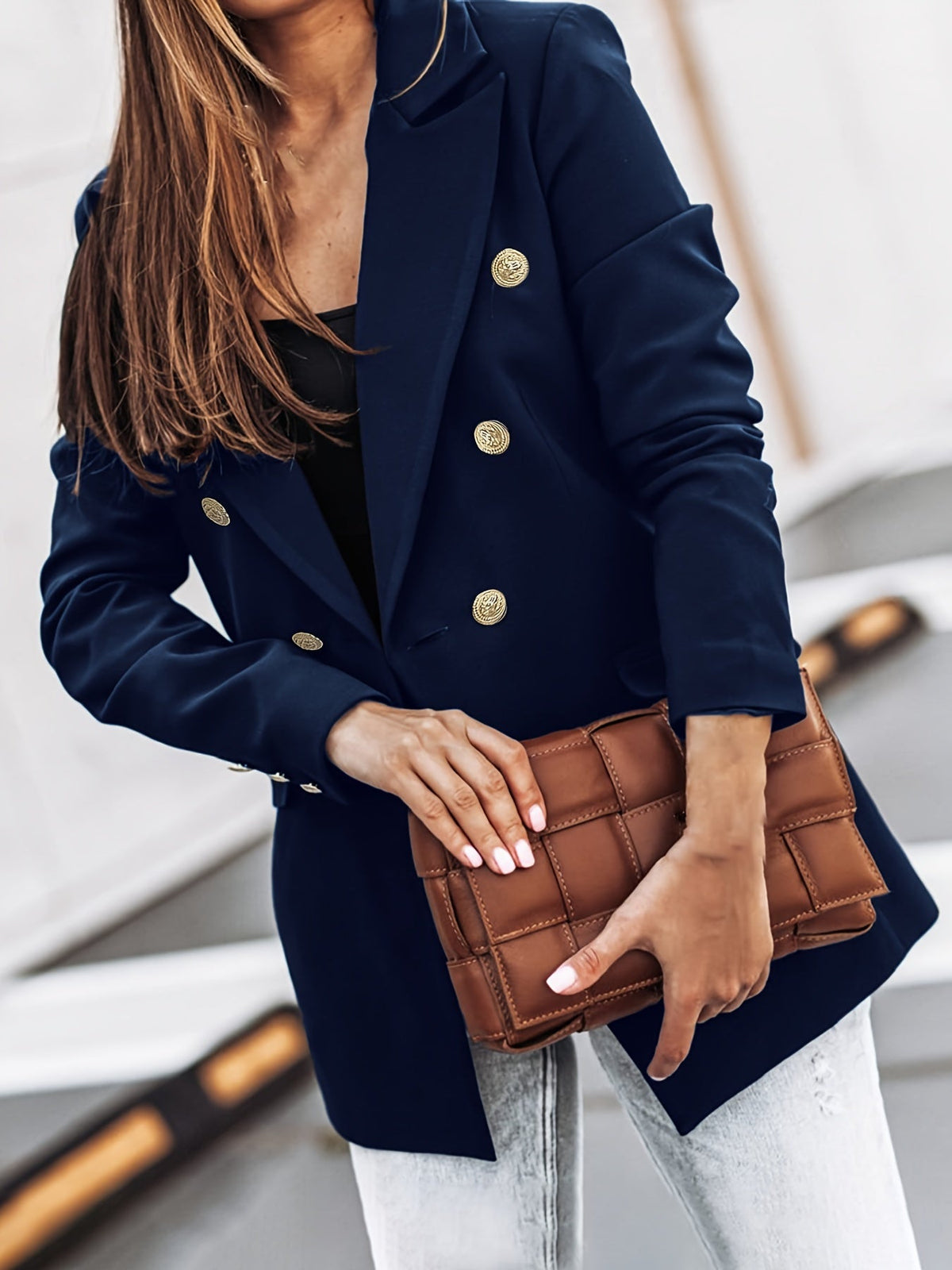 Elegant Blazer for Women with Notched Lapel Long Sleeve Double Breasted Gold Button Workwear Style