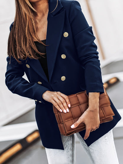 Elegant Blazer for Women with Notched Lapel Long Sleeve Double Breasted Gold Button Workwear Style