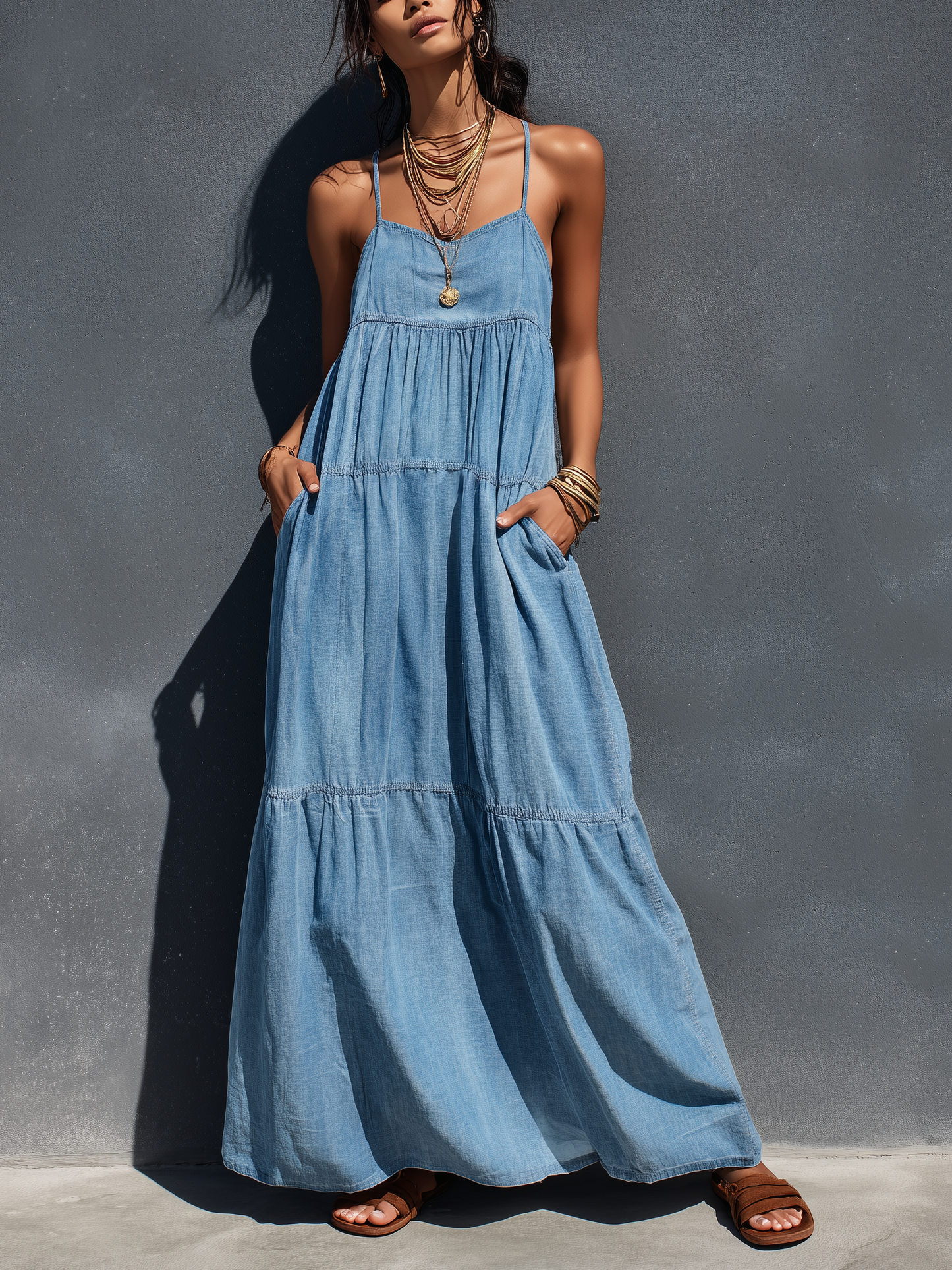 Effortless Blue Denim Maxi Dress for Women with Spaghetti Strap V Neck Tiered Skirt Loose Casual Summer Style