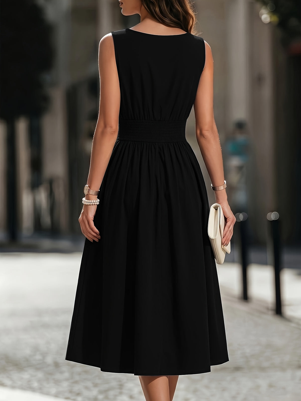 Refined Semi Formal Dress for Women with Round Neck Sleeveless Shirred Waist Fit and Flare Midi Party Style