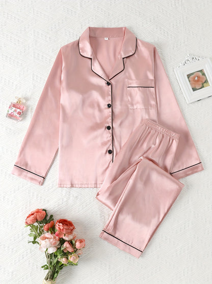 Comfortable Satin Pajamas for Women with Collar Button Front Piping Trim