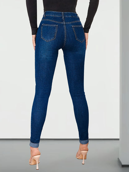 Effortless Medium Blue Relaxed Skinny Jeans for Women with High Waist Cuffed Ankle Stretch Denim