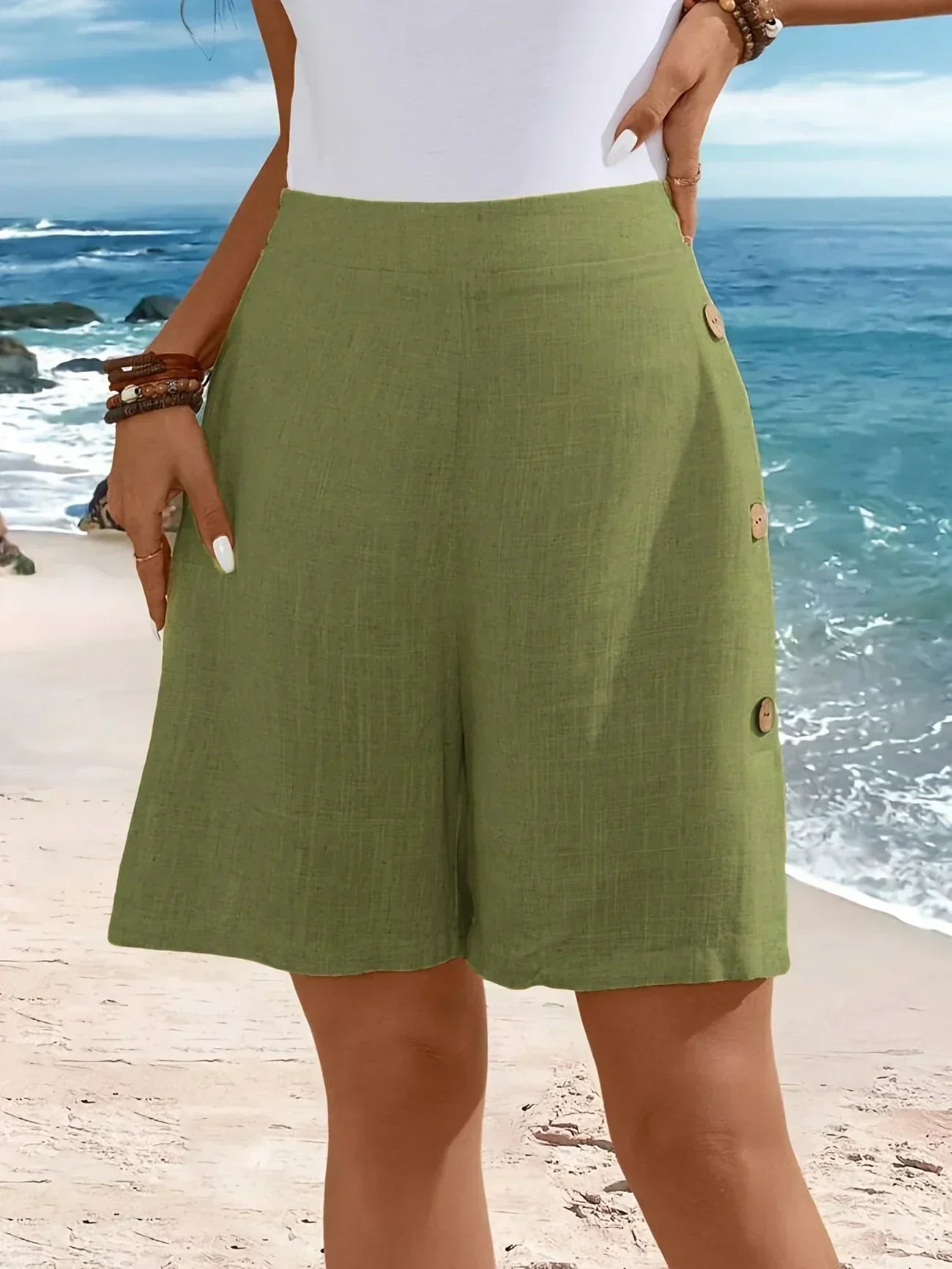 Effortless Linen Shorts for Women with High Waist Button Front Relaxed Bermuda Style