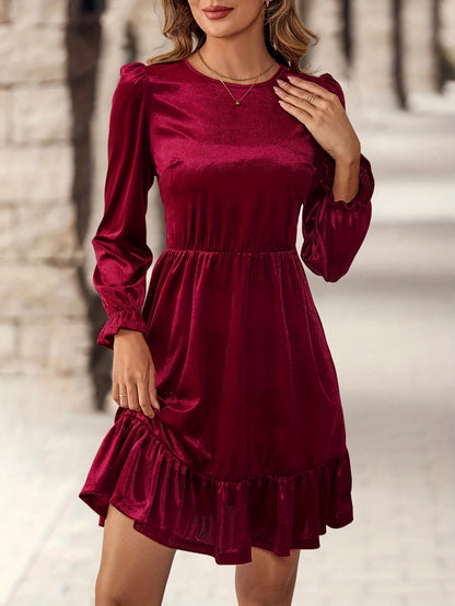 Elegant Burgundy Velvet Christmas Attire Dress for Women with Round Neck Long Sleeve Ruffle Hem Flowing Style