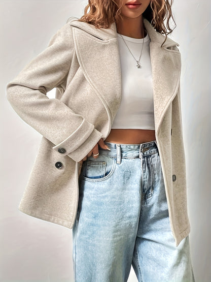 Elegant Beige Pea Coat for Women with Notched Lapel Long Sleeve Double Breasted Oversized Style