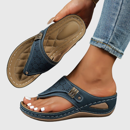 Comfortable Orthopedic Sandals for Women with Laser Cut Buckle Strap Toe Loop Wedge Platform Flip Flop Style