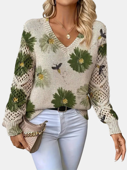 Comfortable Floral Crochet Sweater for Women with V Neck Long Sleeve Oversized Knit Style
