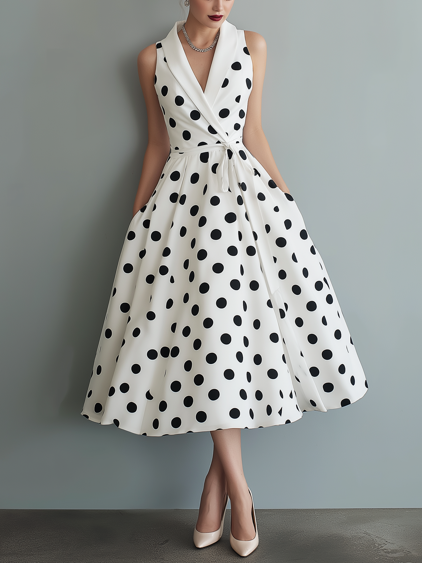 Elegant Black and White Polka Dot Midi Dress for Women with Wrap V Neck Tie Waist Sleeveless Flared Casual Style