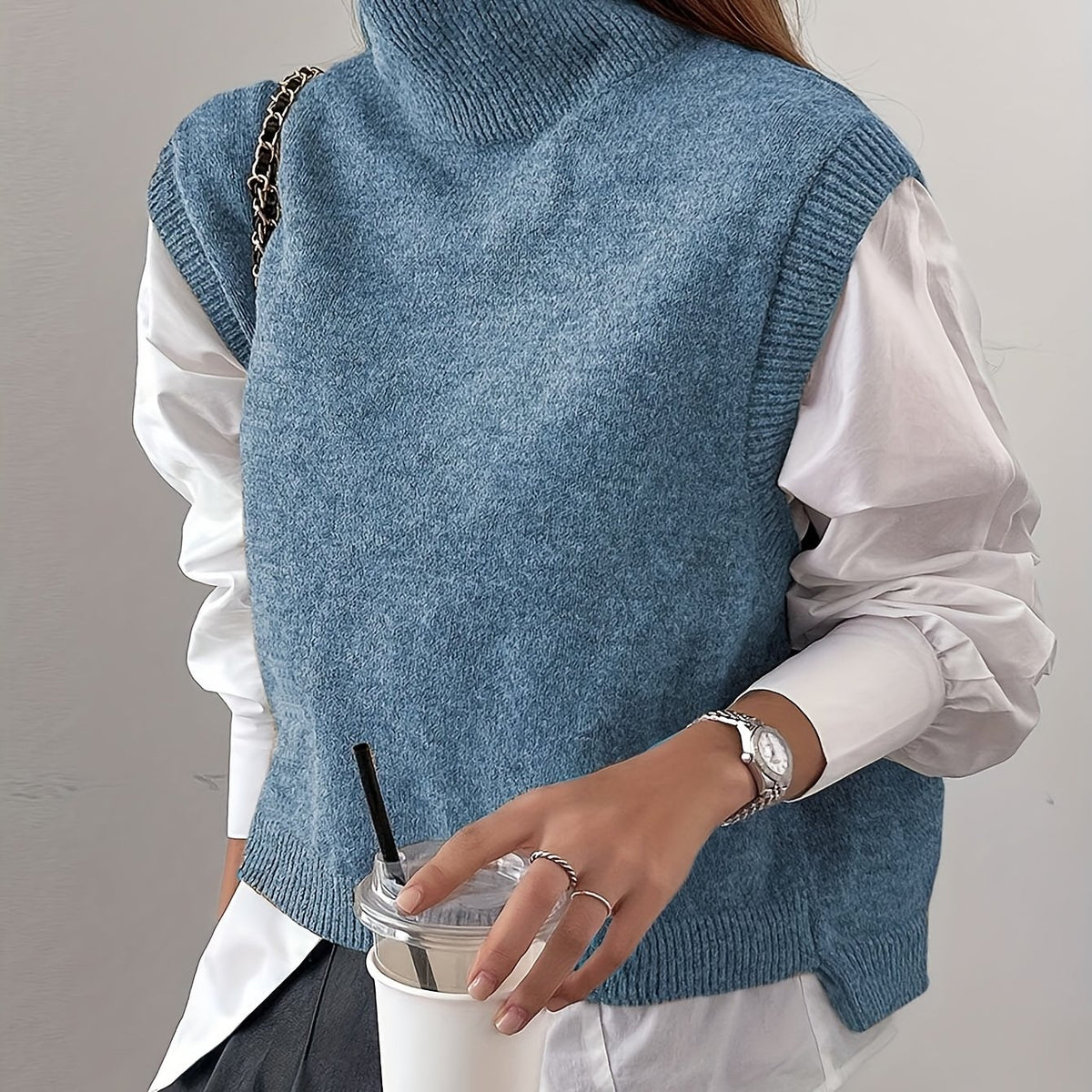 Cozy Sleeveless Turtleneck Vest for Women with High Neck Ribbed Knit Side Slit Style
