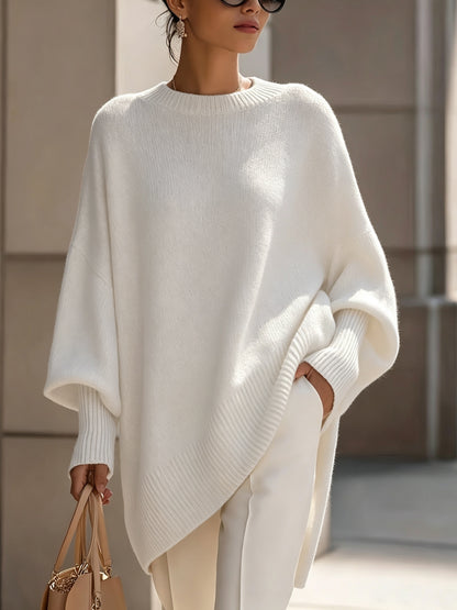 Comfortable Apricot Knit Fall Oversized Sweater for Women with Crew Neck Batwing Sleeve Ribbed Hem Relaxed Style