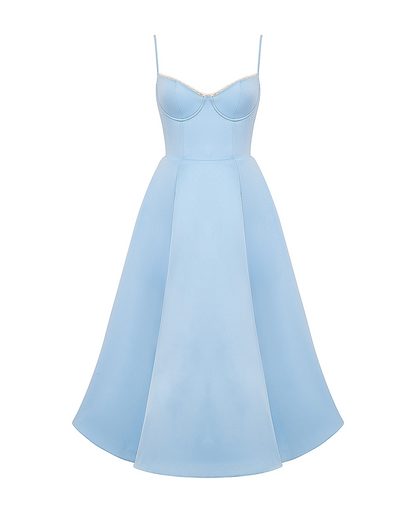 Elegant Bustier Midi Dress for Women with Sweetheart Neckline Spaghetti Strap Tulle Hem Flowing Style