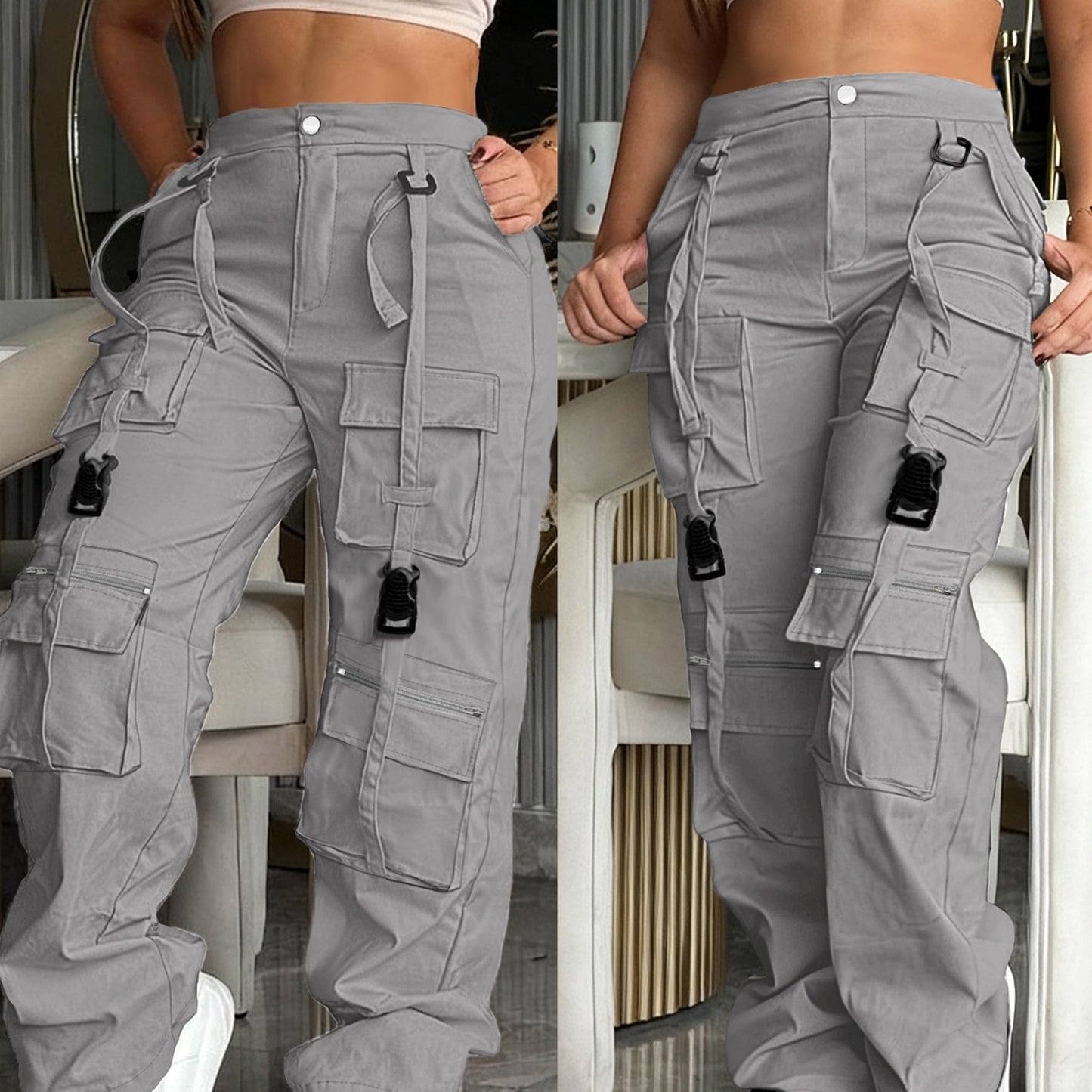 Effortless Cargo Pants for Women with High Waist Multi Pocket Wide Leg Utility Style