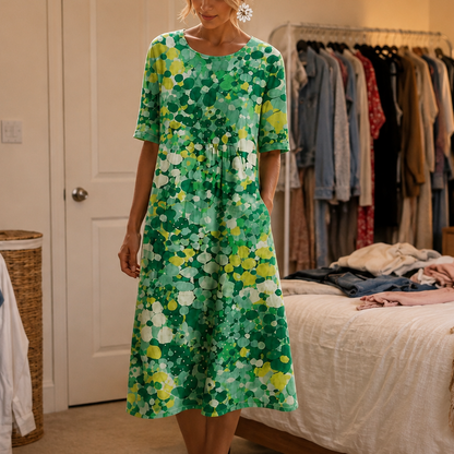 Effortless Confetti Print Midi Dress for Women with Round Neck Short Sleeve A Line Flowing Casual Style