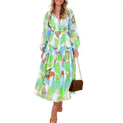 Effortless Floral Midi Dress for Women with V Neck Balloon Sleeve Smocked Waist Flowing Bohemian Style