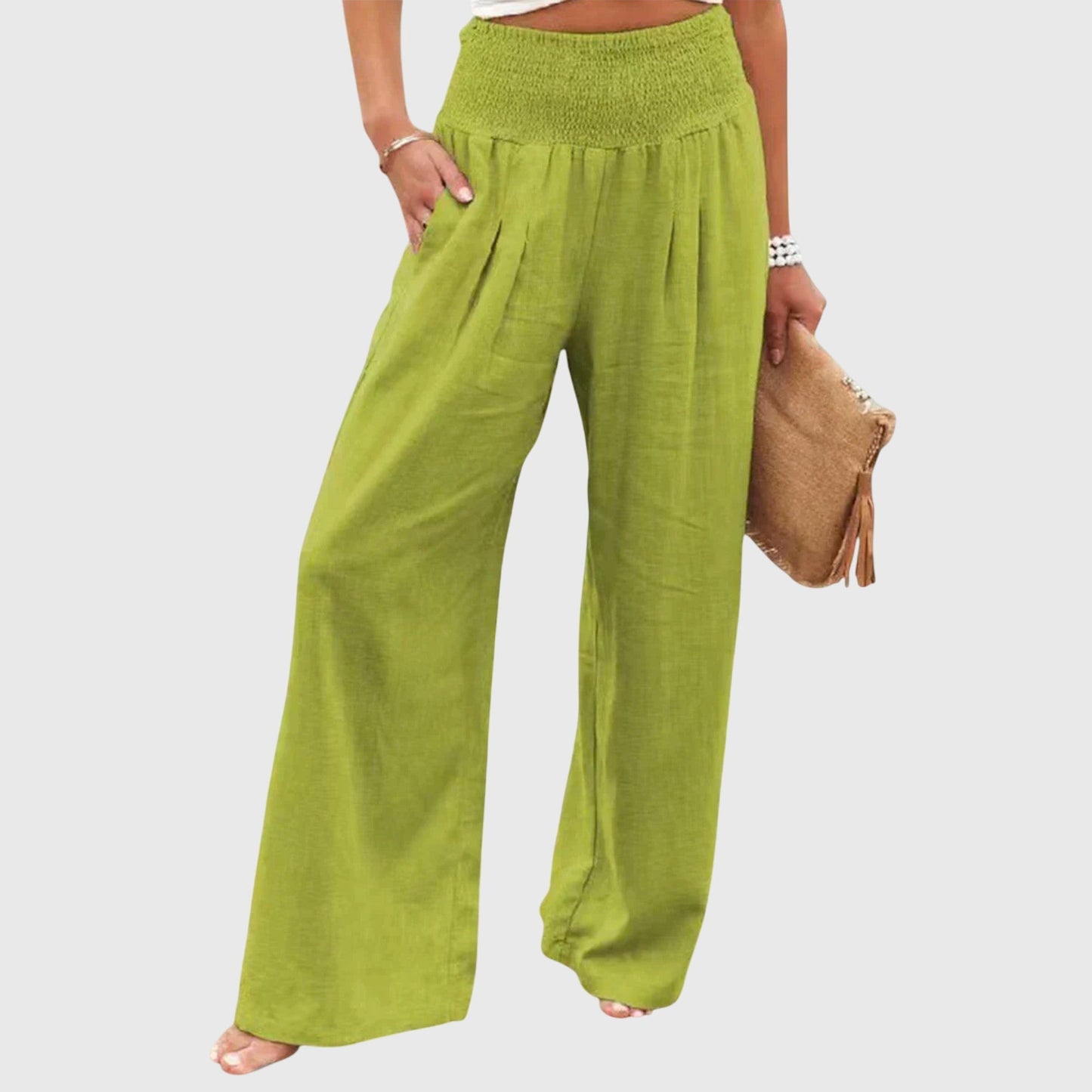 Effortless Black Linen Wide Leg Pants for Women with High Waisted Smocked Waist Relaxed Flowing Casual Style