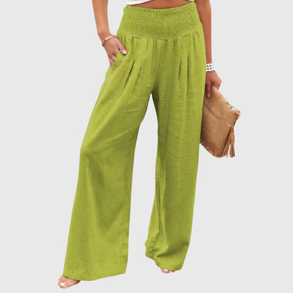Effortless Black Linen Wide Leg Pants for Women with High Waisted Smocked Waist Relaxed Flowing Casual Style