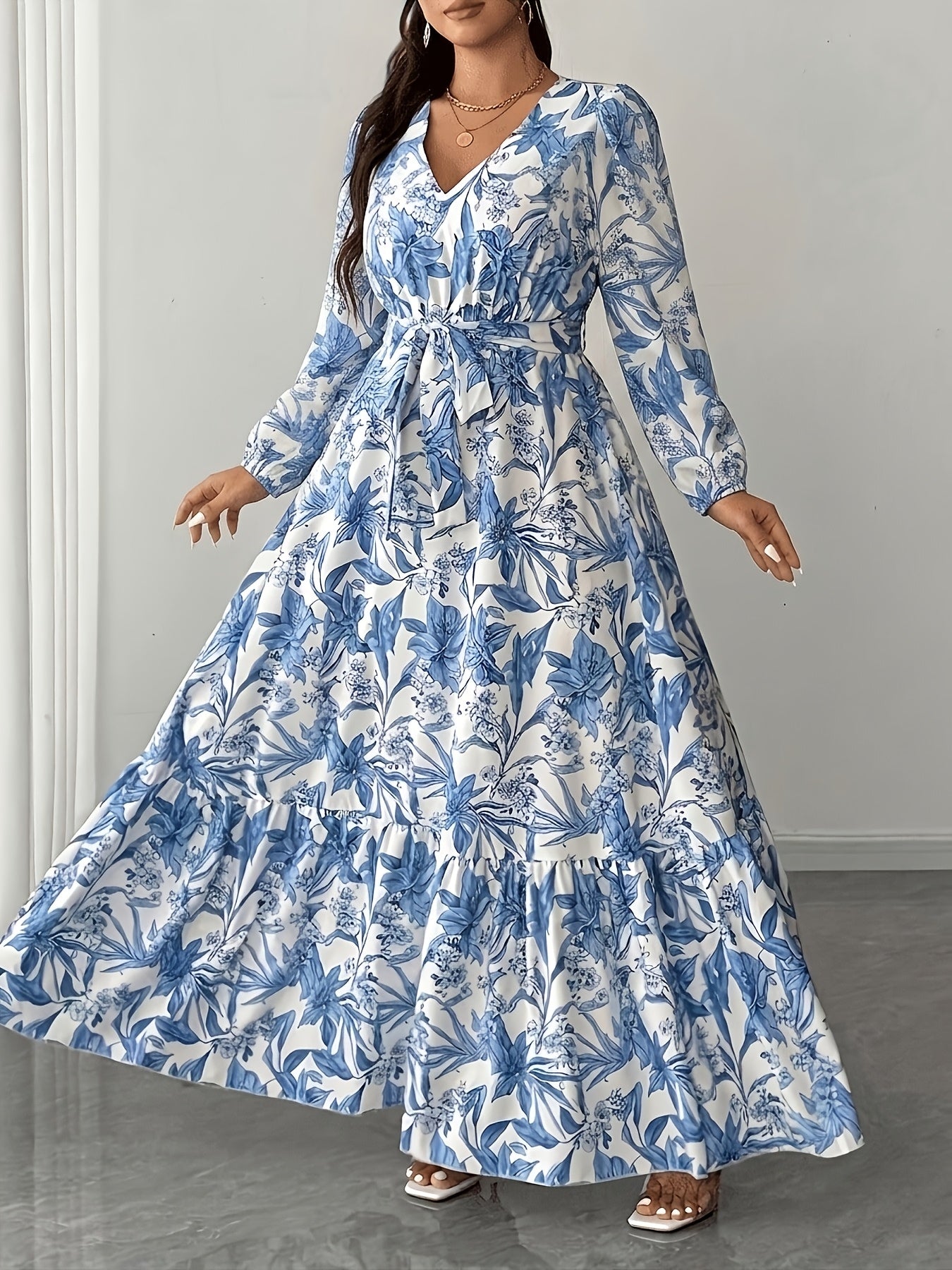 Elegant Floral Long Sleeve Maxi Dress for Women with V Neck Wrap Tie Waist Ruffle Hem Bohemian Style