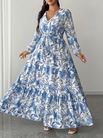 Elegant Floral Long Sleeve Maxi Dress for Women with V Neck Wrap Tie Waist Ruffle Hem Bohemian Style
