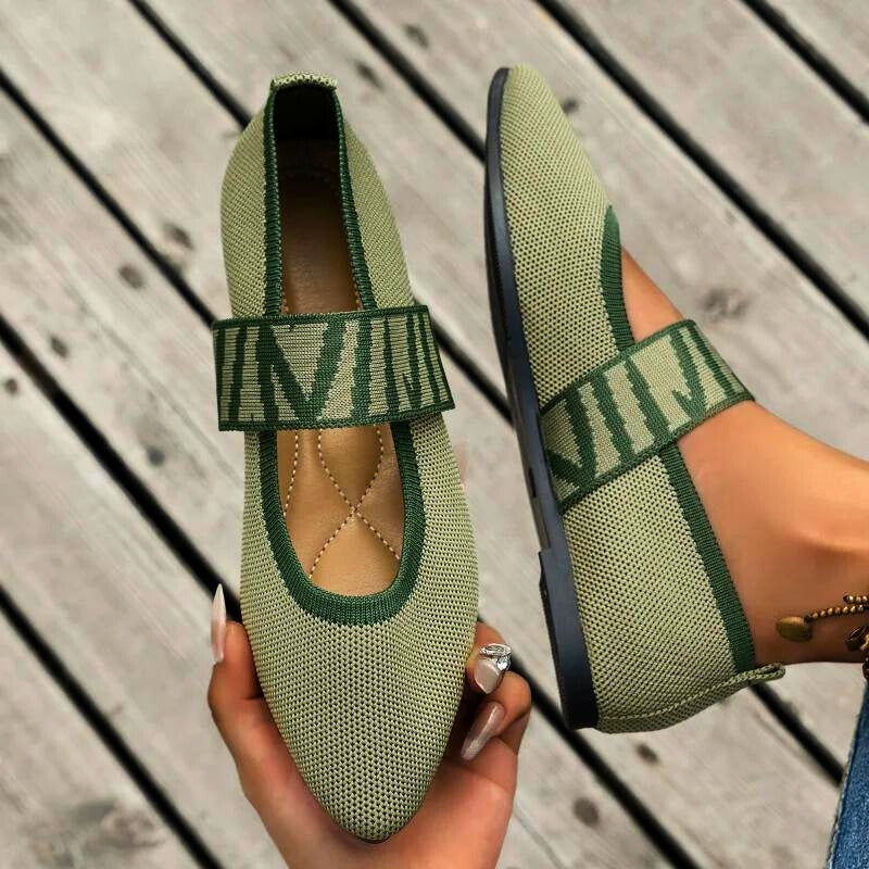 Comfortable Mary Jane Shoes for Women with Pointed Toe Knit Strap Flat Slip On Style