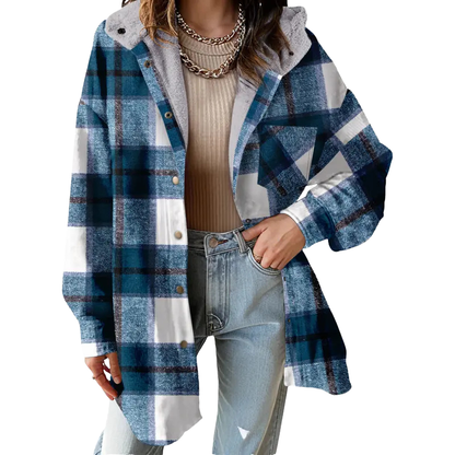 Cozy Plaid Shacket for Women with Hooded Collar Long Sleeve Flannel Button Front Oversized Style