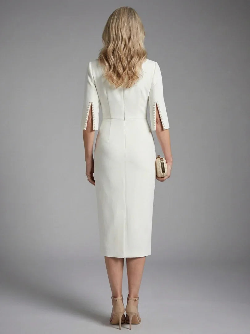Elegant Midi Dress for Women with Bateau Neck Split Pearl Sleeve Fitted Formal Wedding Guest Style