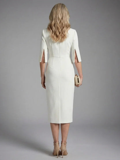Elegant Midi Dress for Women with Bateau Neck Split Pearl Sleeve Fitted Formal Wedding Guest Style