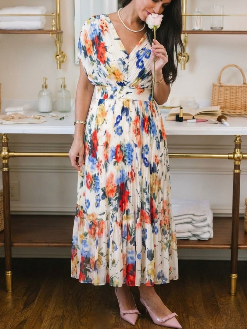 Elegant Ivory Floral Pleated Fall Wedding Guest Dress for Women with V Neck Dolman Sleeve Tiered Ruffle Flowing Style