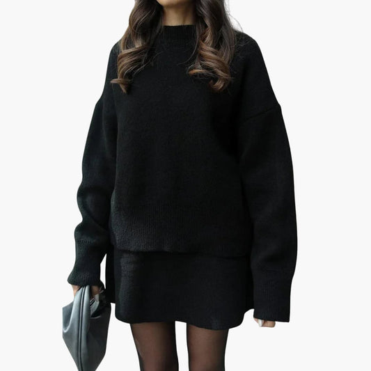 Chic Black Knit Two Piece Set for Women with Crew Neck Sweater High Waist Mini Skirt Lounge Style