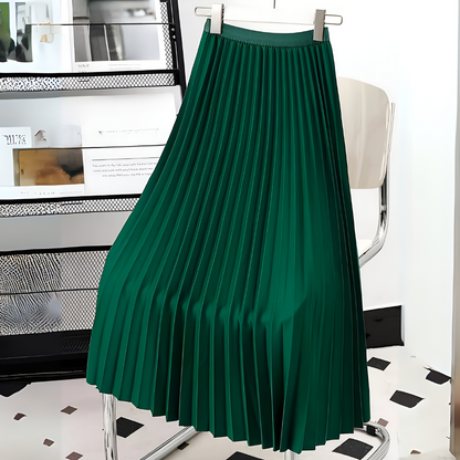 Elegant Pleated Faux Leather Maxi Skirt for Women with High Waist A Line Flowing Style