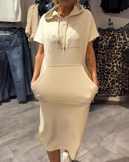 Comfortable Orange Hoodie Midi Dress for Women with Drawstring Hood Short Sleeve Kangaroo Pocket Relaxed Style