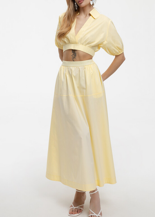 Elegant Yellow Two Piece Set for Women with Collared Puff Sleeve Crop Top Flowy Midi Skirt Style
