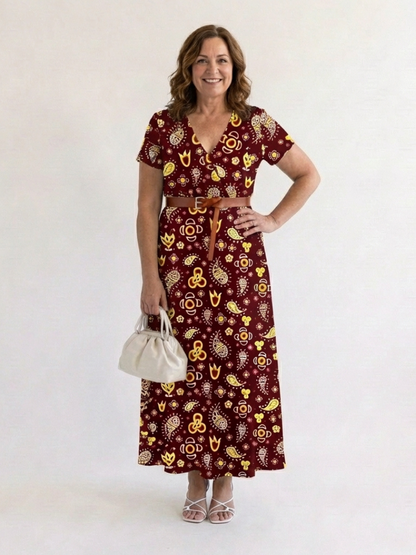 Effortless Floral Mini Dress for Women with V Neck Short Sleeve Belted Flowing Style