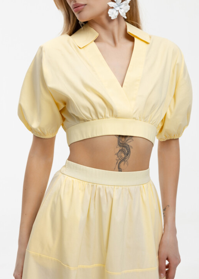 Elegant Yellow Two Piece Set for Women with Collared Puff Sleeve Crop Top Flowy Midi Skirt Style