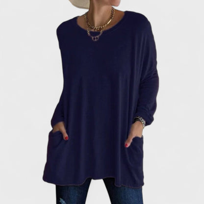 Comfortable Oversized Tunic for Women with Round Neck Long Sleeve Relaxed Pocket Casual Style