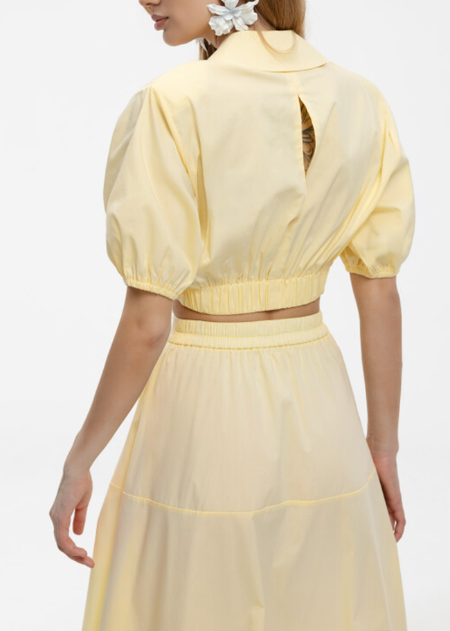 Elegant Yellow Two Piece Set for Women with Collared Puff Sleeve Crop Top Flowy Midi Skirt Style