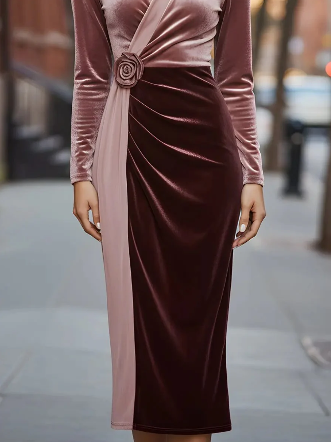 Elegant Pink Velvet Midi Dress for Women with V Neck Long Sleeve Cinched Waist Ruched Wrap Style
