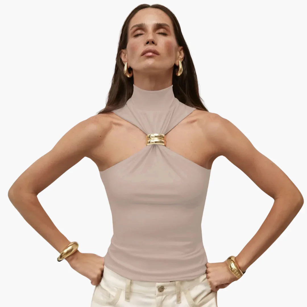 Elegant Halter Top for Women with Mock Neck Sleeveless Gold Ring Cutout Style