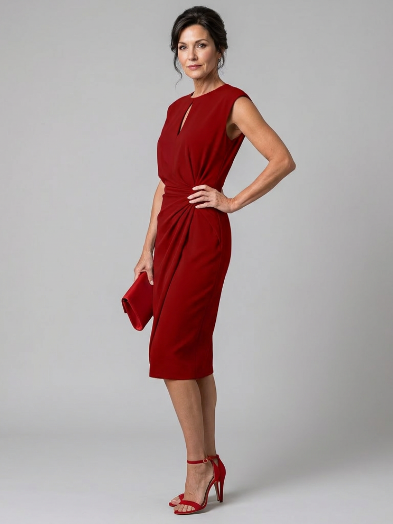 Elegant Midi Dress for Women with Keyhole Neckline Cap Sleeve Draped Ruched Waist Formal Wedding Guest Style