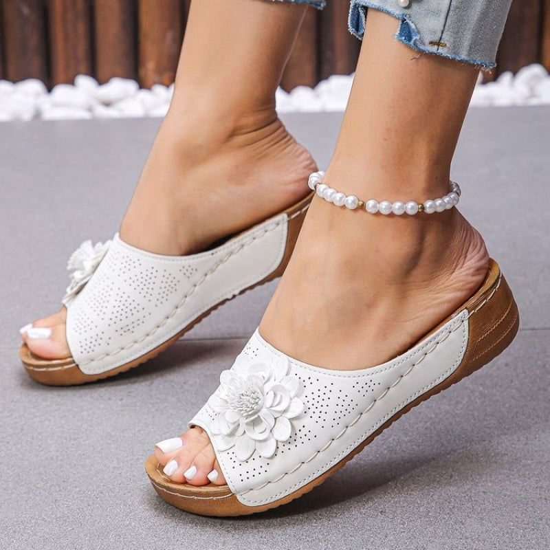 Comfortable Orthopedic Sandals for Women with Flower Detail Perforated Upper Wedge Platform Slip On Casual Style