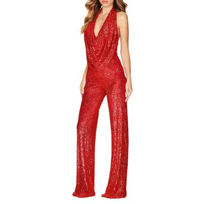 Elegant Sequin Jumpsuit for Women with Halter Cowl Neck Sleeveless Wide Leg Sparkle Formal Party Style